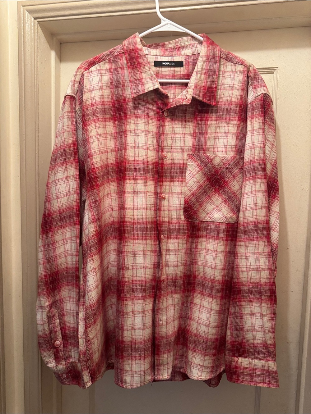 Red and Cream Plaid Button-Down Shirt